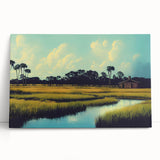 Stretched canvas wall art featuring a serene marsh landscape with vibrant greens and reflective water, perfect for enhancing home decor with a nature theme.