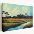 Stretched canvas wall art showcasing a vibrant marsh landscape with lush greenery and tranquil water reflections, ideal for nature-inspired decor.