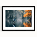 Framed wall art featuring a serene marsh landscape with vibrant greens and blues, showcasing a tranquil swamp scene, ideal for nature enthusiasts and home decor.