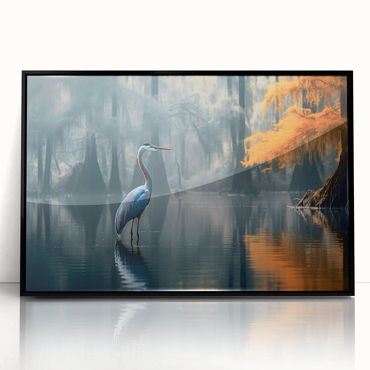 Framed acrylic wall art featuring a serene marsh landscape design, showcasing vibrant greenery and tranquil water reflections, perfect for nature-themed decor.