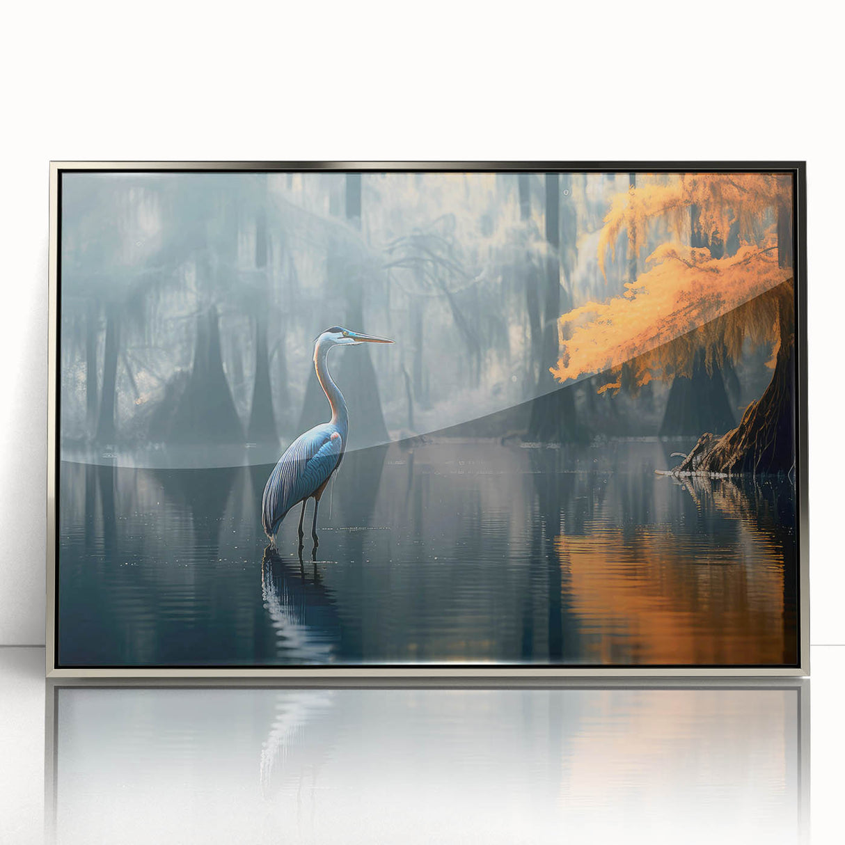 Framed wall art collection featuring a serene marsh landscape with lush greenery and water reflections, elegantly presented in a sleek silver frame. Ideal for nature lovers looking to enhance their home decor with tranquil scenery.