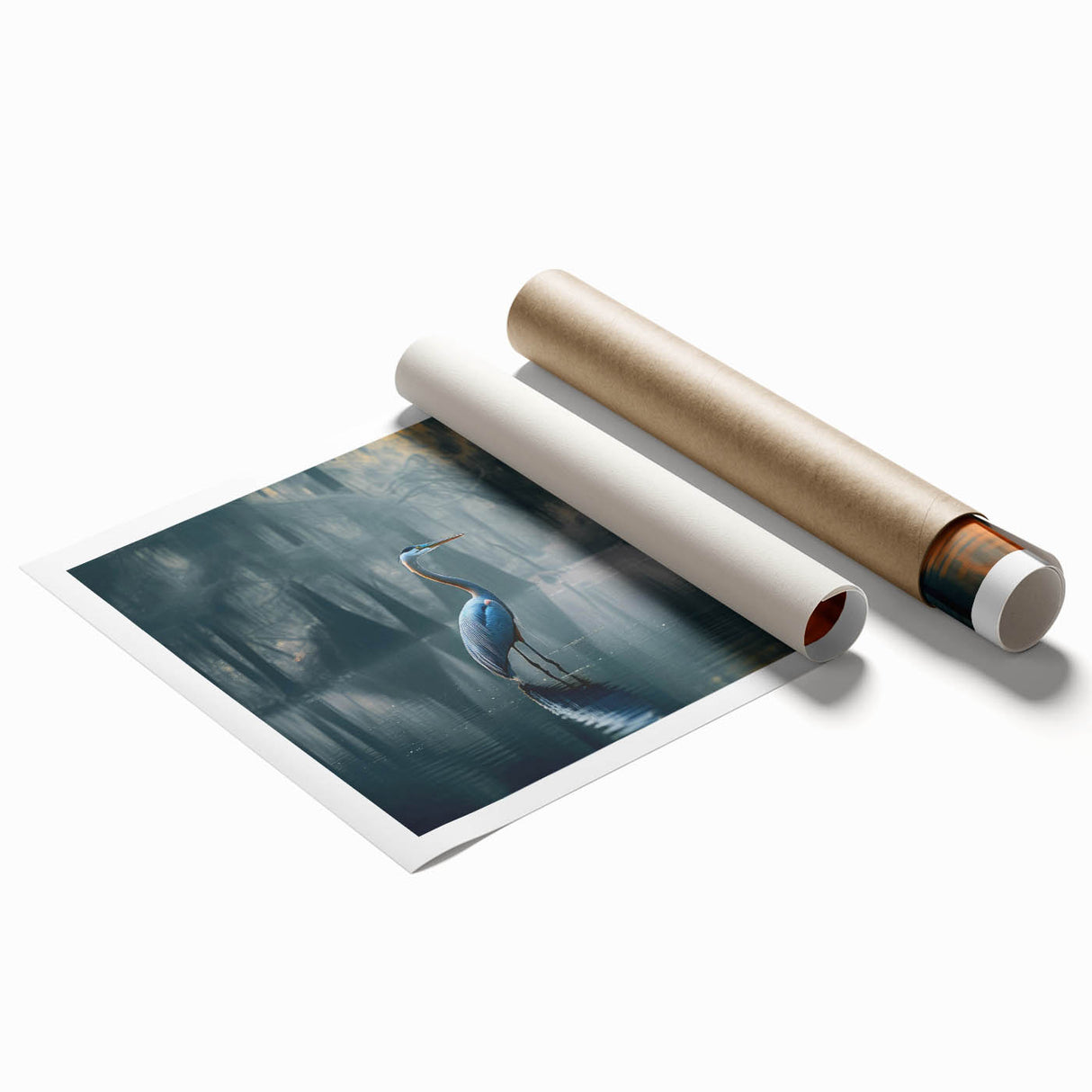 Vivid rolled print showcasing a serene marsh landscape with lush greenery, tranquil waters, and subtle reflections, ideal for nature-themed decor.