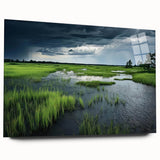Acrylic wall art showcasing a vibrant landscape design of a marsh and swamp, displayed in a side view without pins, perfect for nature enthusiasts and home decor.