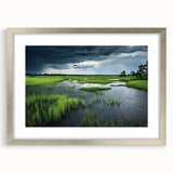 Framed wall art collection featuring a serene marsh landscape design, highlighted by a silver frame and mat, ideal for enhancing home decor with nature-inspired aesthetics.