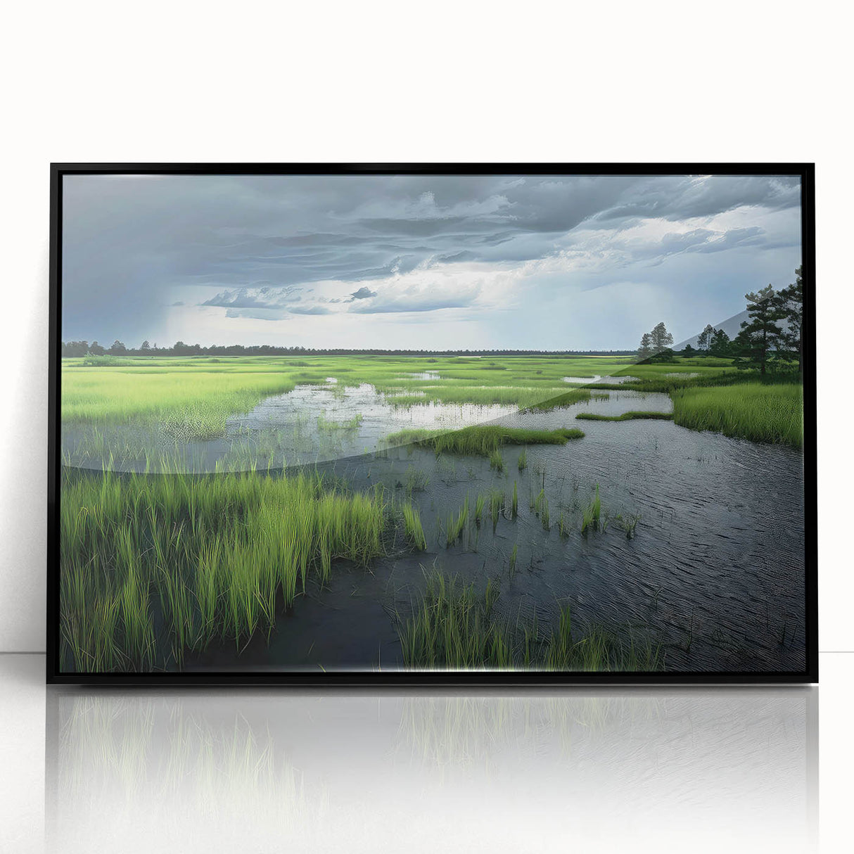 Framed acrylic wall art featuring a serene marsh landscape with lush greenery and soft reflections on water, presented in a sleek black frame. Ideal for nature enthusiasts.
