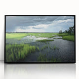 Framed acrylic wall art featuring a serene marsh landscape with lush greenery and soft reflections on water, presented in a sleek black frame. Ideal for nature enthusiasts.