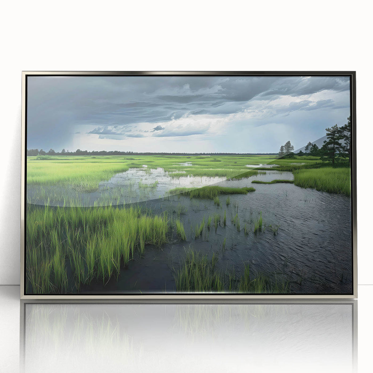 Framed acrylic wall art showcasing a serene marsh landscape with lush greenery and reflections in water, designed for elegant home decor, perfect for nature lovers.