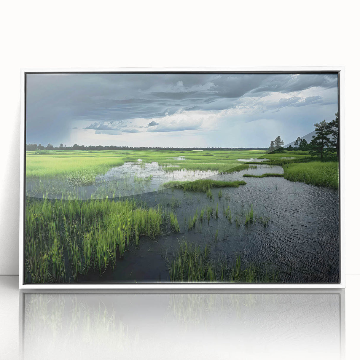 Framed acrylic wall art showcasing a serene marsh landscape with lush greenery and reflections in water, designed for tranquil home decor.