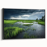 Framed canvas wall art featuring a serene marsh landscape design with lush greenery and tranquil water reflections, set against a black frame for modern decor.