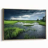 Framed canvas artwork depicting a serene marsh landscape with lush greenery and golden accents, perfect for enhancing home decor.