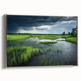 Framed wall art featuring a serene marsh landscape with vibrant greenery and tranquil water reflections, designed with a silver frame for an elegant touch. Perfect for enhancing home decor and bringing nature indoors.