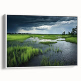 Framed canvas wall art depicting a serene marsh landscape with lush greenery and reflective water. Ideal for home decor, this nature-inspired piece adds tranquility to any room.