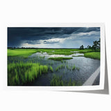 Vibrant wall art print showcasing a serene marsh landscape with lush greenery and reflective water, perfect for nature-inspired home decor.