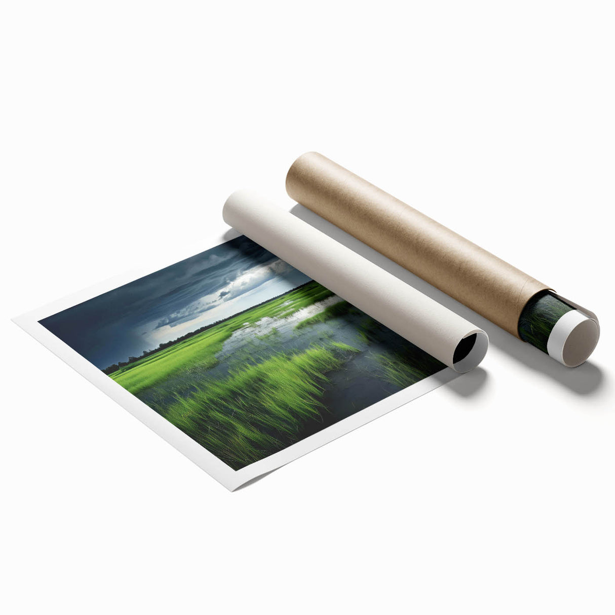 Vibrant landscape wall art print depicting a serene marsh and swamp scene, showcasing lush greenery and tranquil water reflections, perfect for nature lovers.