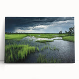 Stretched canvas artwork depicting a serene marsh landscape with lush greenery and tranquil water reflections, perfect for nature enthusiasts and home decor.
