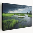 Stretched canvas artwork showcasing a serene marshland landscape with lush greenery and reflections in the water, ideal for nature-themed home decor.