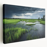 Stretched canvas artwork showcasing a serene marshland landscape with lush greenery and reflections in the water, ideal for nature-themed home decor.