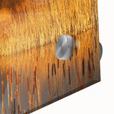 Close-up of a vibrant acrylic glass wall art piece depicting a serene marsh landscape with lush greenery and reflective water, perfect for modern decor.