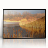 Framed acrylic wall art showcasing a serene marsh landscape with lush greenery and tranquil water, designed to enhance modern home decor.