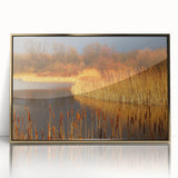 Framed acrylic wall art showcasing a serene marsh landscape with vibrant greenery and golden accents, perfect for modern home decor and nature enthusiasts.