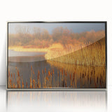 Framed wall art collection depicting a serene marsh landscape with lush greenery and reflective water, featuring a sleek silver frame that enhances its natural beauty.