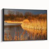 Framed canvas wall art depicting a serene marsh landscape with lush greenery and a tranquil swamp setting, presented in a stylish black frame, enhancing any decor.