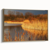 Framed canvas wall art showcasing a serene marsh landscape with lush greenery and a golden border, perfect for enhancing home decor. Ideal for nature enthusiasts.