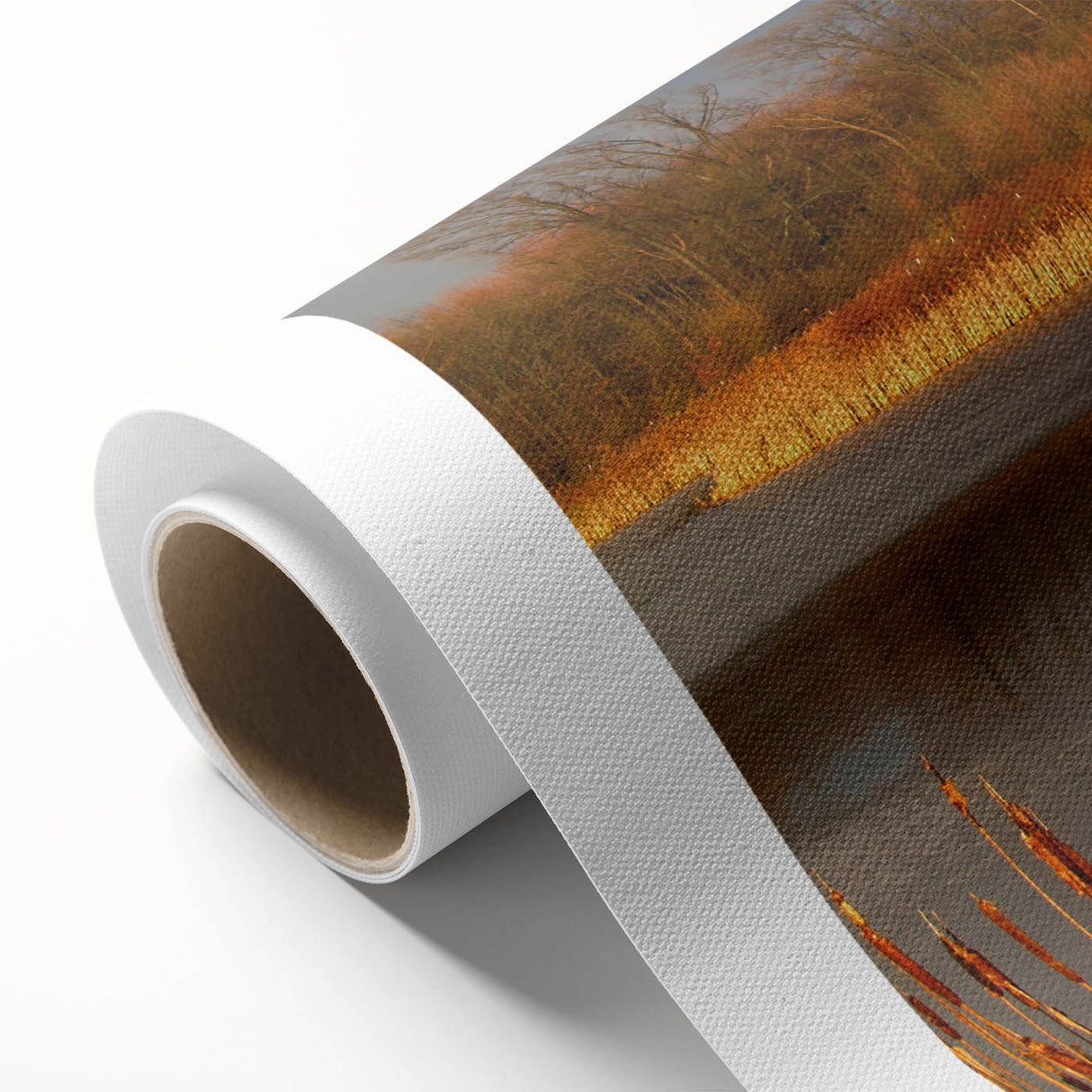 Vibrant rolled canvas wall art showcasing a serene marsh landscape with lush greenery and reflective water, ideal for nature-themed decor. Perfect for home or office spaces, enhancing tranquility and aesthetic appeal.
