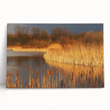 Vibrant landscape wall art depicting a serene marsh and swamp scene, printed on stretched canvas and ideal for home decor, showcasing lush greens and tranquil waters.
