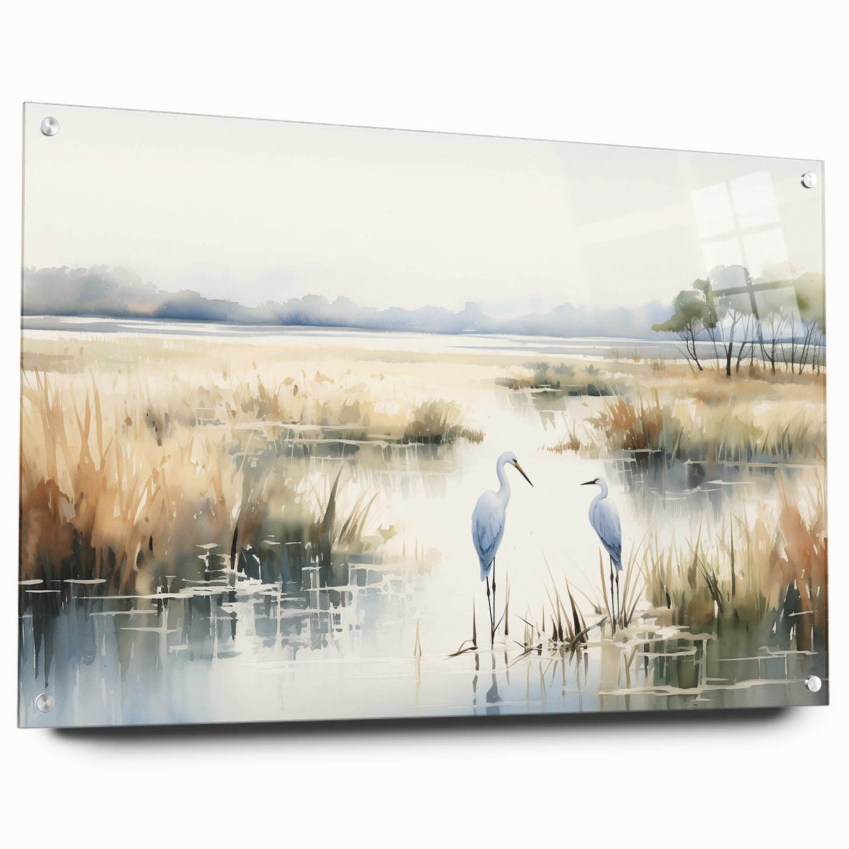 Side view of a modern acrylic glass wall art piece depicting a serene marsh landscape scene, showcasing vibrant greens and blues, elegantly pinned for display.