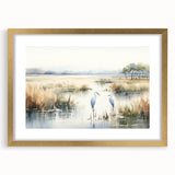 Elegant wall art piece showcasing a landscape of a serene marsh and swamp, framed in gold with a mat, perfect for enhancing home decor. The intricate design features lush greenery and calm waters, evoking tranquility and nature's beauty, ideal for nature enthusiasts.