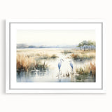 Framed wall art featuring a serene marsh landscape design with lush greenery and tranquil water, presented in a white mat and frame, perfect for home decor.