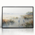 Framed acrylic wall art showcasing a serene landscape of a marshy swamp, featuring vibrant greens and blues, designed to enhance any living space.