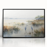 Framed acrylic wall art showcasing a serene landscape of a marshy swamp, featuring vibrant greens and blues, designed to enhance any living space.