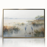 Framed wall art featuring a serene marsh landscape with vibrant green vegetation, golden accents, and a tranquil atmosphere, ideal for modern home decor.