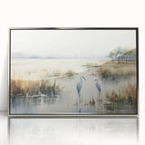 Framed wall art collection depicting a serene marsh landscape design with vibrant greens and blues, featuring a sleek silver frame for a modern touch.