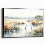 Framed wall art featuring a serene marsh landscape with lush greenery and vibrant water reflections, displayed in a sleek black frame, perfect for home decor.