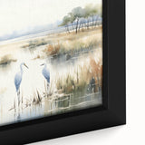 Close-up of a framed canvas wall art piece showcasing a vibrant marsh landscape with lush greenery and reflections in water, designed to enhance home decor.
