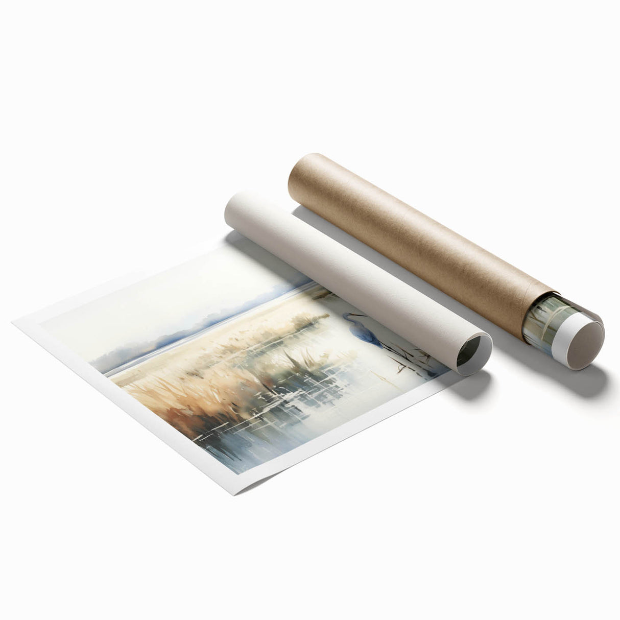 Vibrant wall art print showcasing a serene marsh landscape with lush greenery and reflective water, perfect for nature-themed decor, rolled for easy framing.