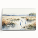 Stretched canvas wall art showcasing a serene marsh landscape with lush greenery and tranquil water, perfect for nature-themed home décor.