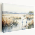 Stretched canvas artwork featuring a serene marsh landscape with vibrant greenery and reflective water, ideal for nature-themed home decor.