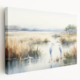 Stretched canvas artwork featuring a serene marsh landscape with vibrant greenery and reflective water, ideal for nature-themed home decor.