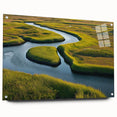Colorful acrylic glass wall art featuring a serene marsh landscape with lush greenery and reflections, designed to enhance home decor with nature's tranquility.