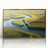 Framed wall art featuring a serene landscape of a marsh and swamp, highlighted by rich greens and earthy tones, encased in a sleek gold frame. Perfect for nature lovers.