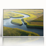 Framed acrylic wall art depicting a serene marsh landscape with vibrant greenery and water reflections, presented in a sleek white frame for modern decor.