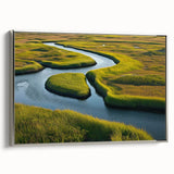 Framed canvas wall art depicting a serene marsh landscape with a swamp design, featuring lush greenery and reflective water, elegantly bordered with a silver frame.