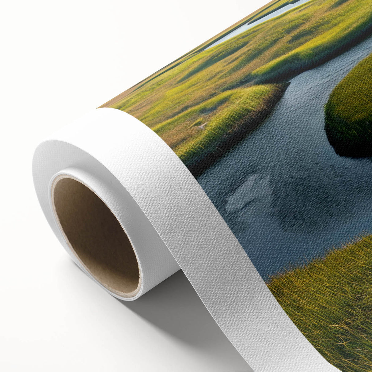 Vibrant rolled canvas artwork depicting a serene marsh landscape with lush greenery and reflective water, perfect for nature-inspired home decor.