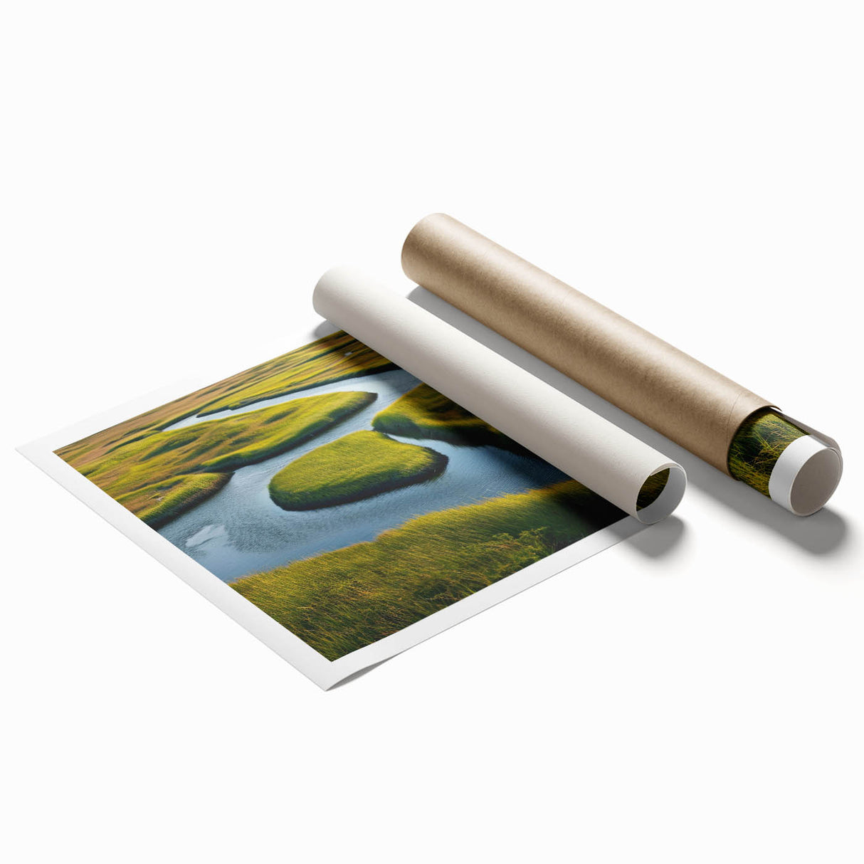 Vibrant landscape wall art print depicting a serene marsh scene with lush greenery and a tranquil water body, perfect for home decor in nature-themed spaces.