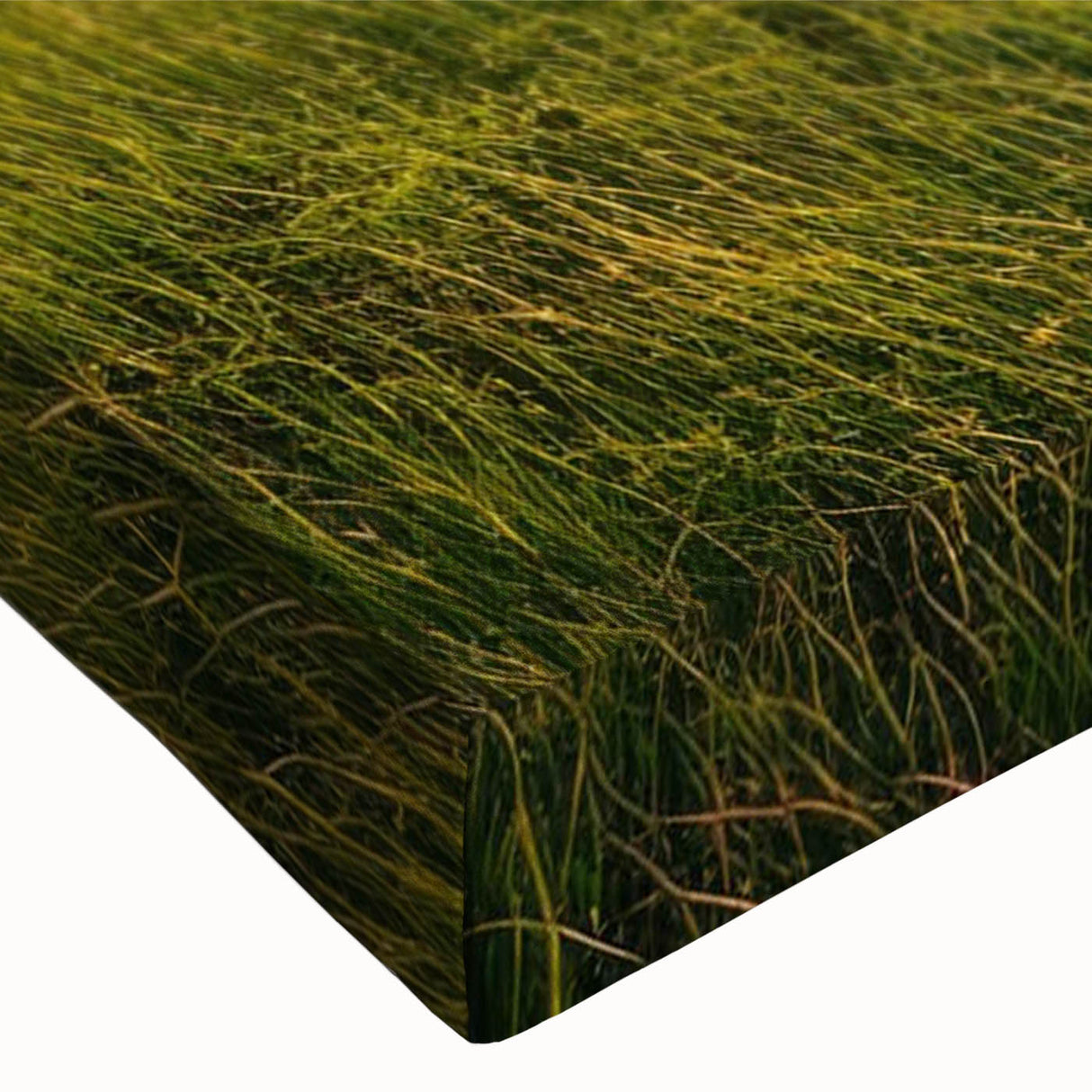 Close-up of a vibrant landscape wall art piece depicting a serene marsh and swamp scene, featuring rich greens and blues on stretched canvas, ideal for nature lovers' home decor.
