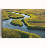 Vibrant stretched canvas wall art depicting a serene marsh landscape with lush greenery and tranquil water reflections, perfect for nature-themed decor.